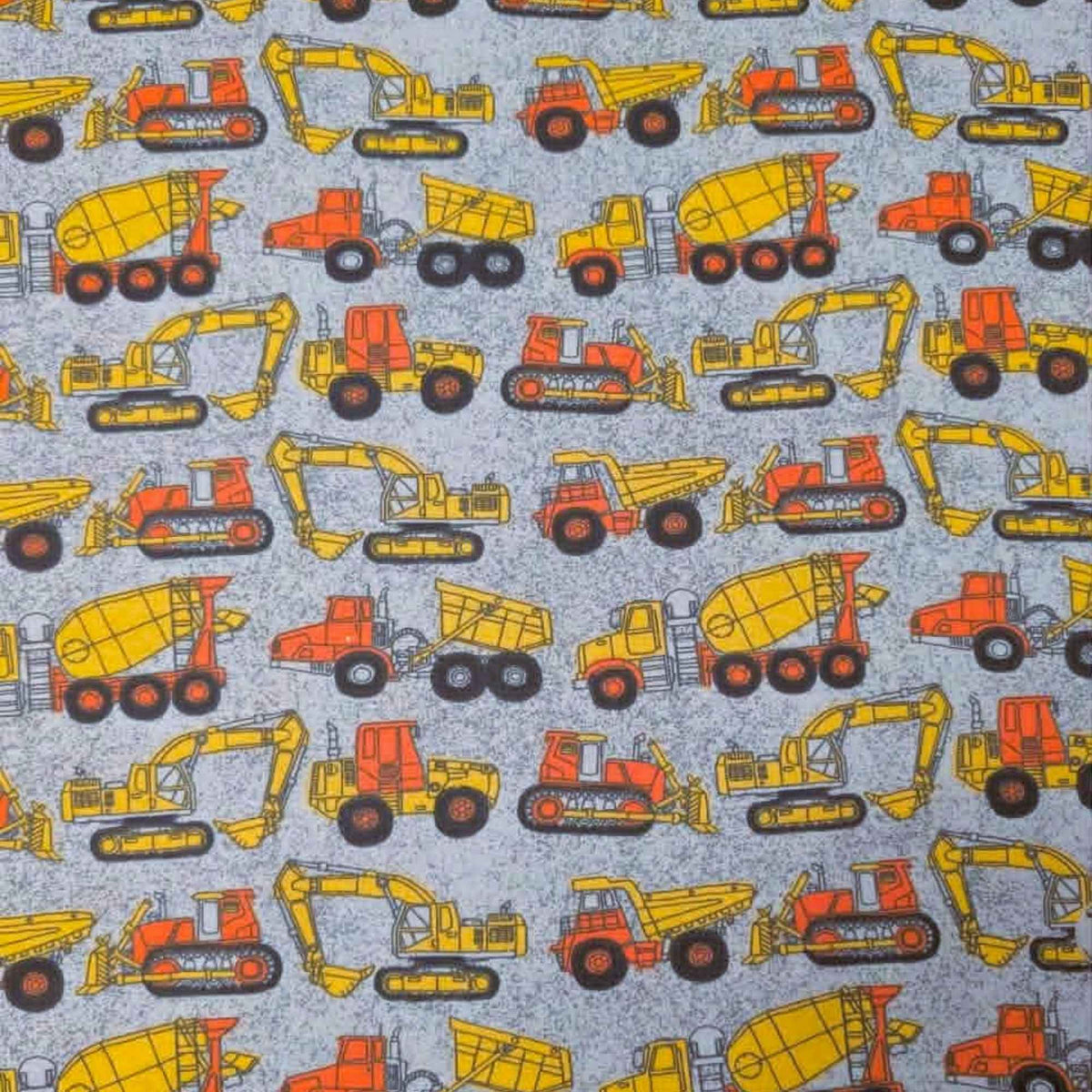 Construction vehicles quilting cotton fabric with dump trucks, excavators, bulldozers, and cement mixers in yellow and orange