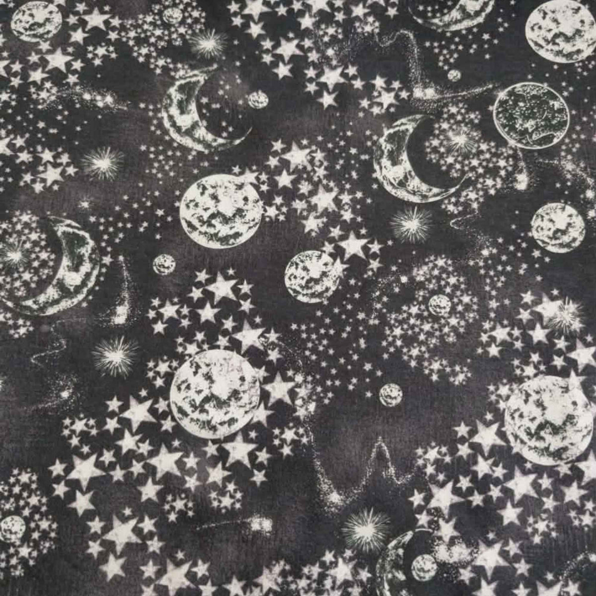 Constellation cotton flannel fabric with moon and stars pattern on dark background, soft brushed quilting fabric