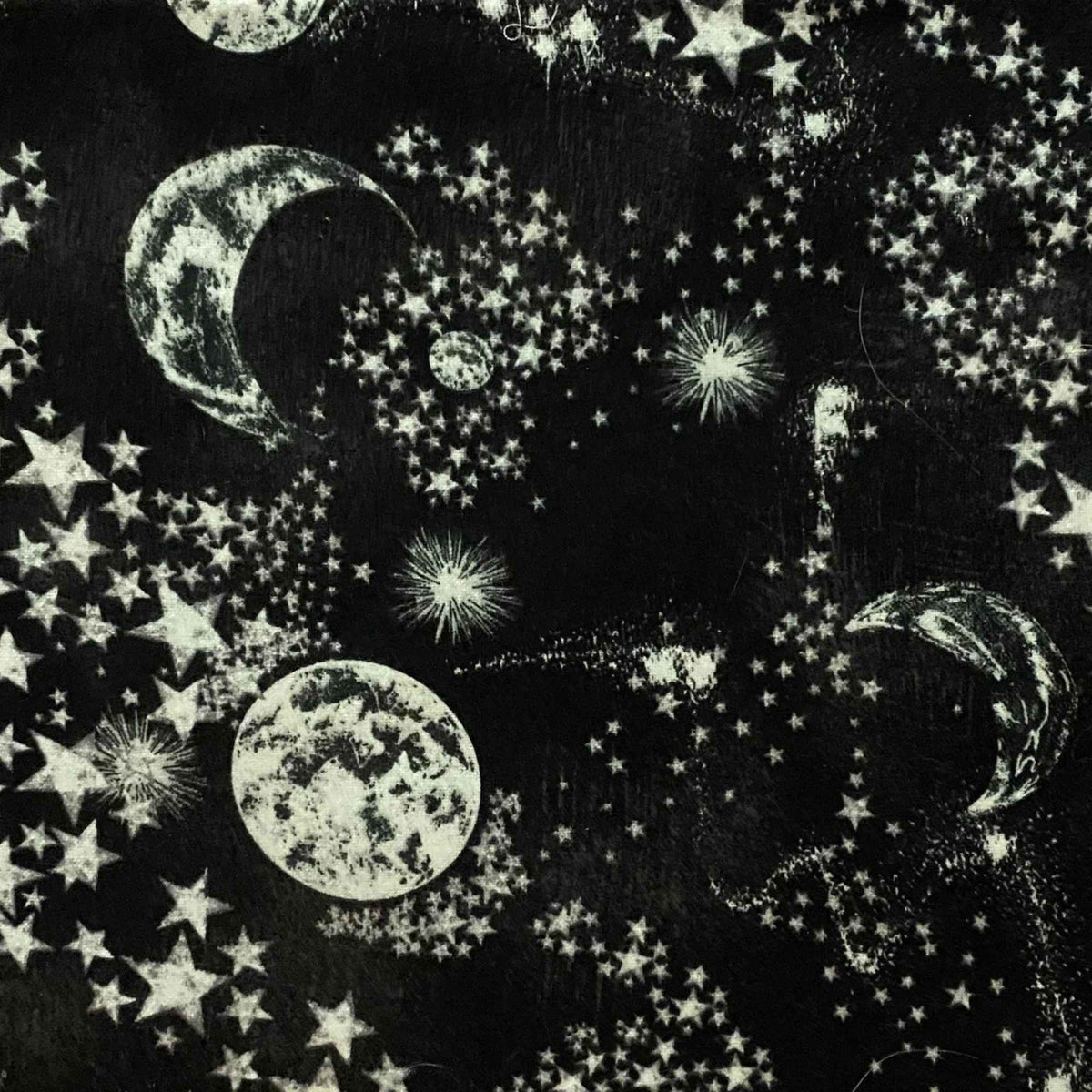 Constellation cotton flannel fabric with moon and stars pattern on dark background, soft brushed quilting fabric