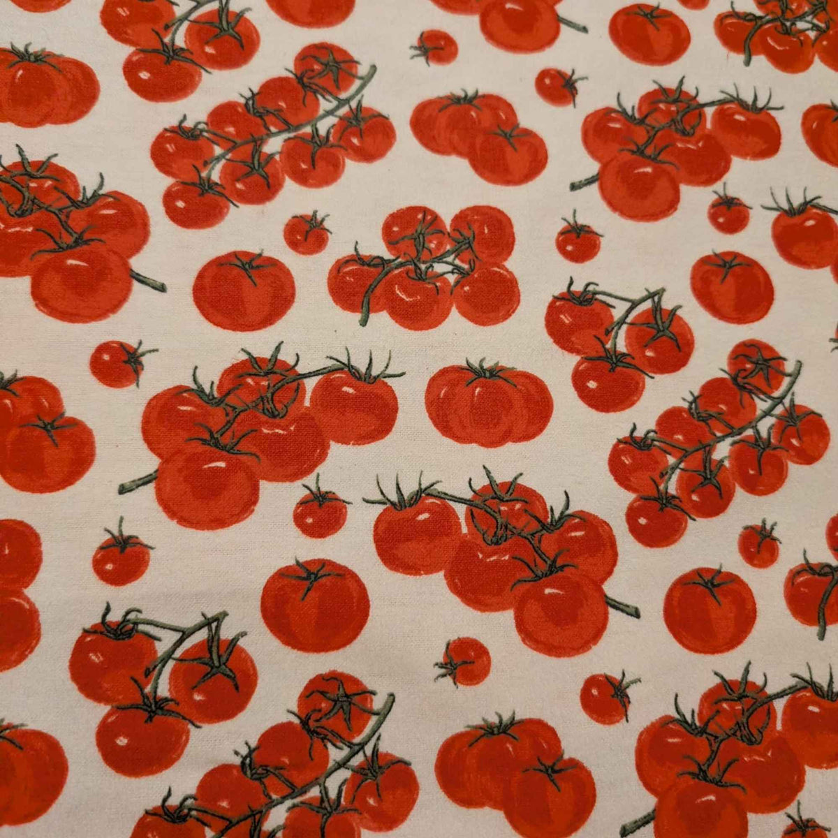 Cherry tomato cotton flannel fabric with red tomato clusters on light background, soft brushed novelty quilting fabric