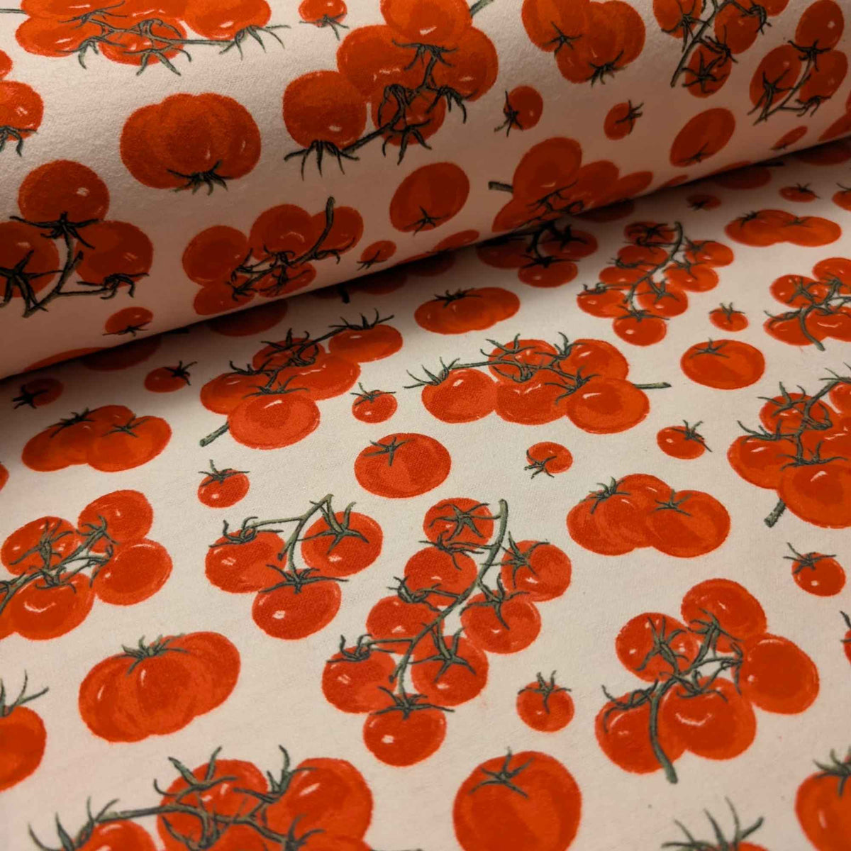 Cherry tomato cotton flannel fabric with red tomato clusters on light background, soft brushed novelty quilting fabric