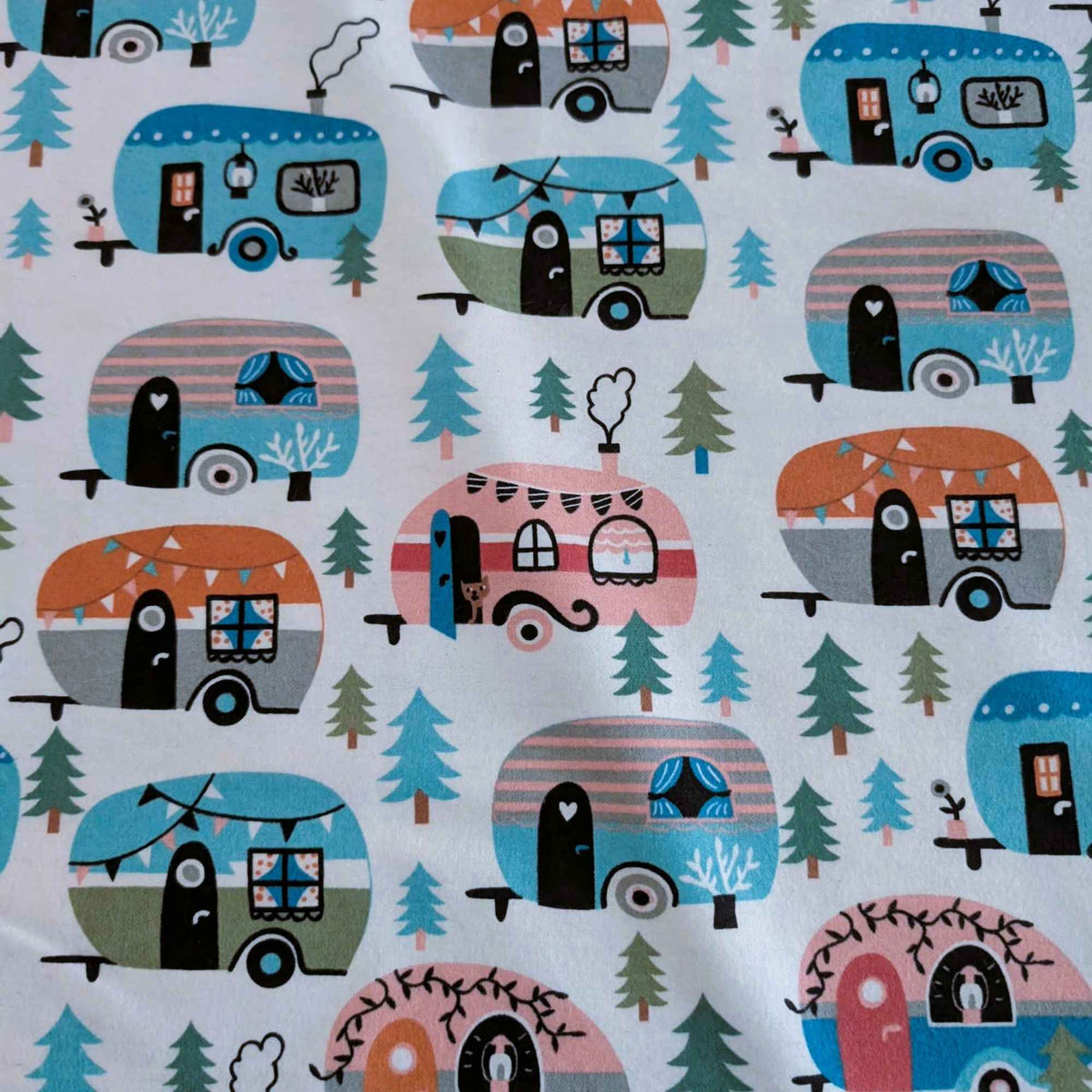 camper trailer flannel fabric, RV camping print cotton flannel, cute camper fabric with trees, brushed cotton quilting flannel