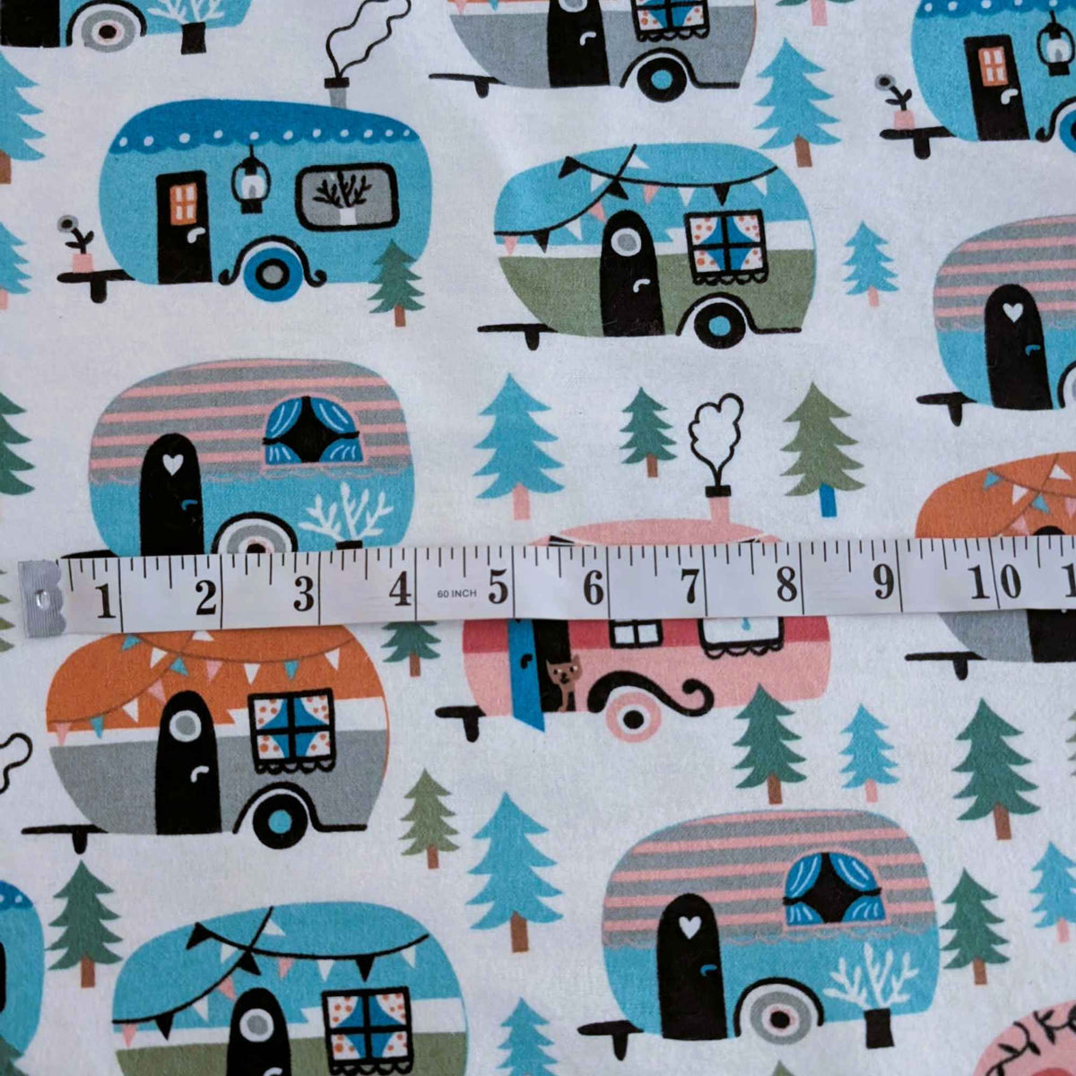 camper trailer flannel fabric, RV camping print cotton flannel, cute camper fabric with trees, brushed cotton quilting flannel