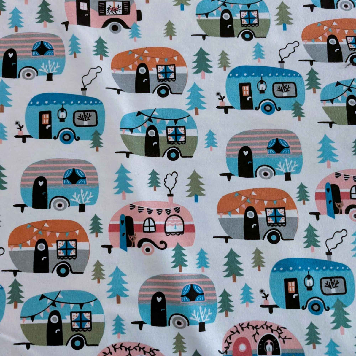 camper trailer flannel fabric, RV camping print cotton flannel, cute camper fabric with trees, brushed cotton quilting flannel