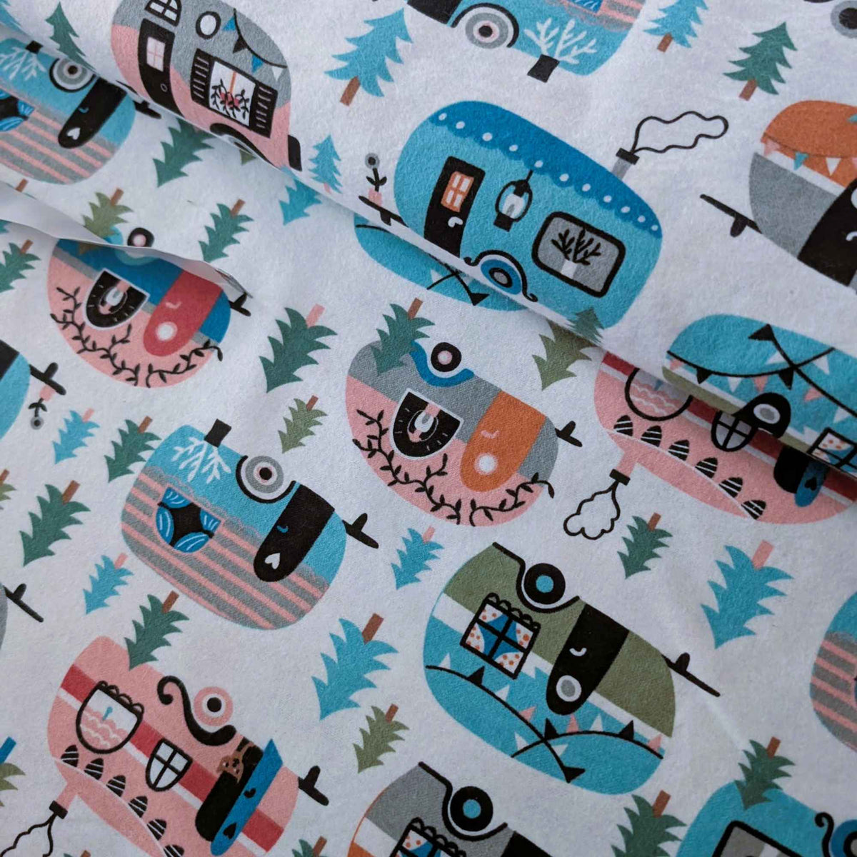 camper trailer flannel fabric, RV camping print cotton flannel, cute camper fabric with trees, brushed cotton quilting flannel