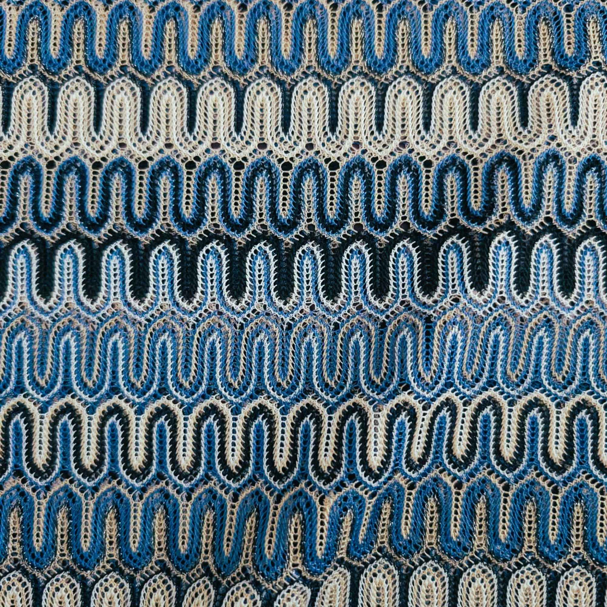 Missoni style blue zigzag wave 4-way stretch jersey knit fabric in polyester elastane lightweight textile close-up