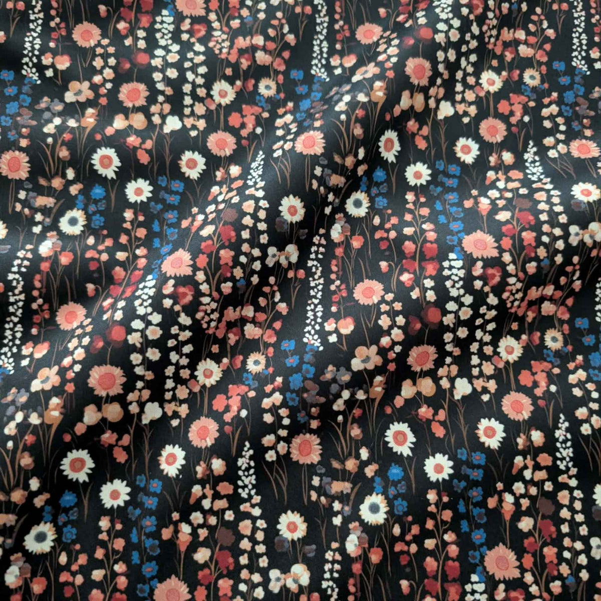 Vintage Wildflower Meadow exclusive waterproof PUL fabric with coral, cream and blue flowers on a black background