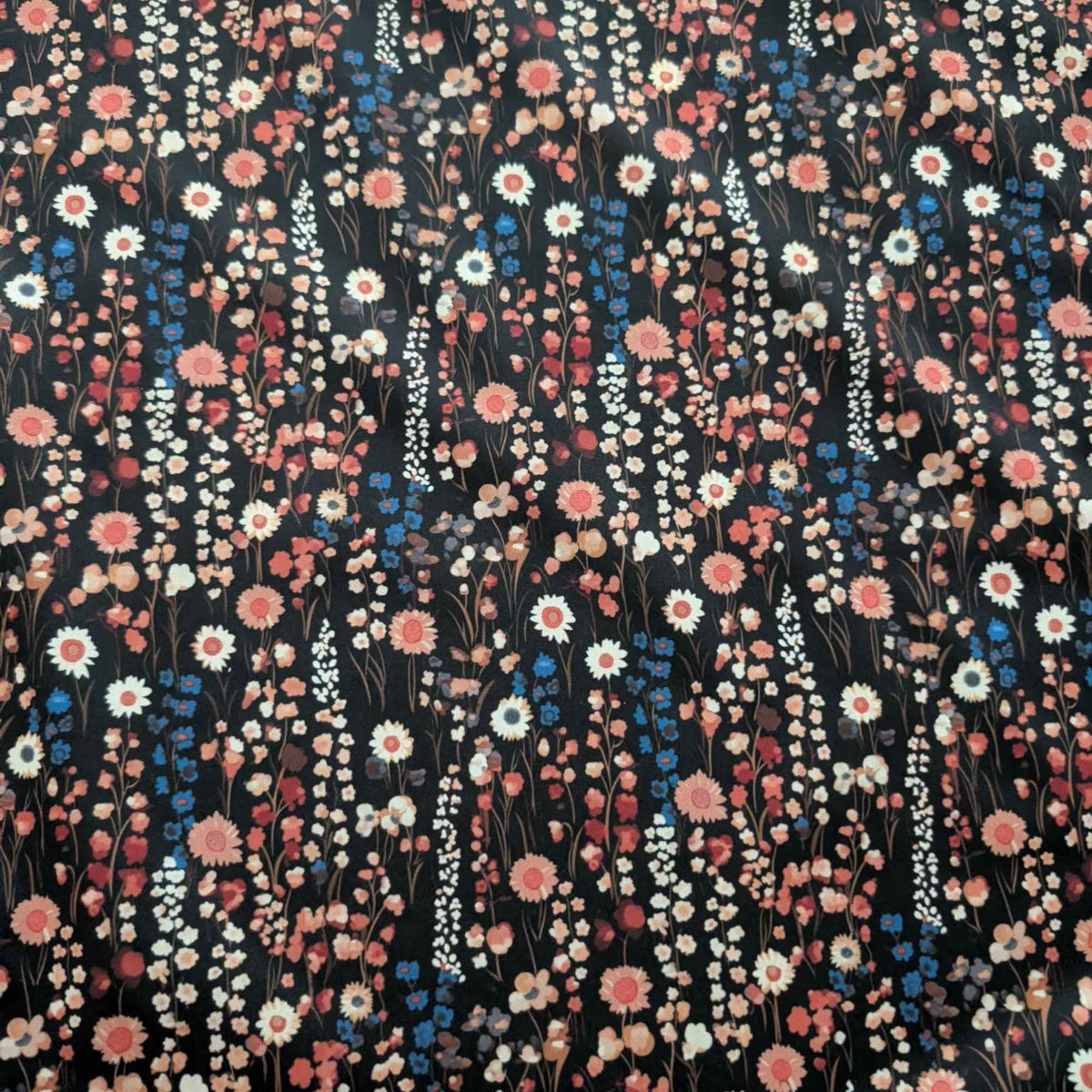 Vintage Wildflower Meadow exclusive waterproof PUL fabric with coral, cream and blue flowers on a black background