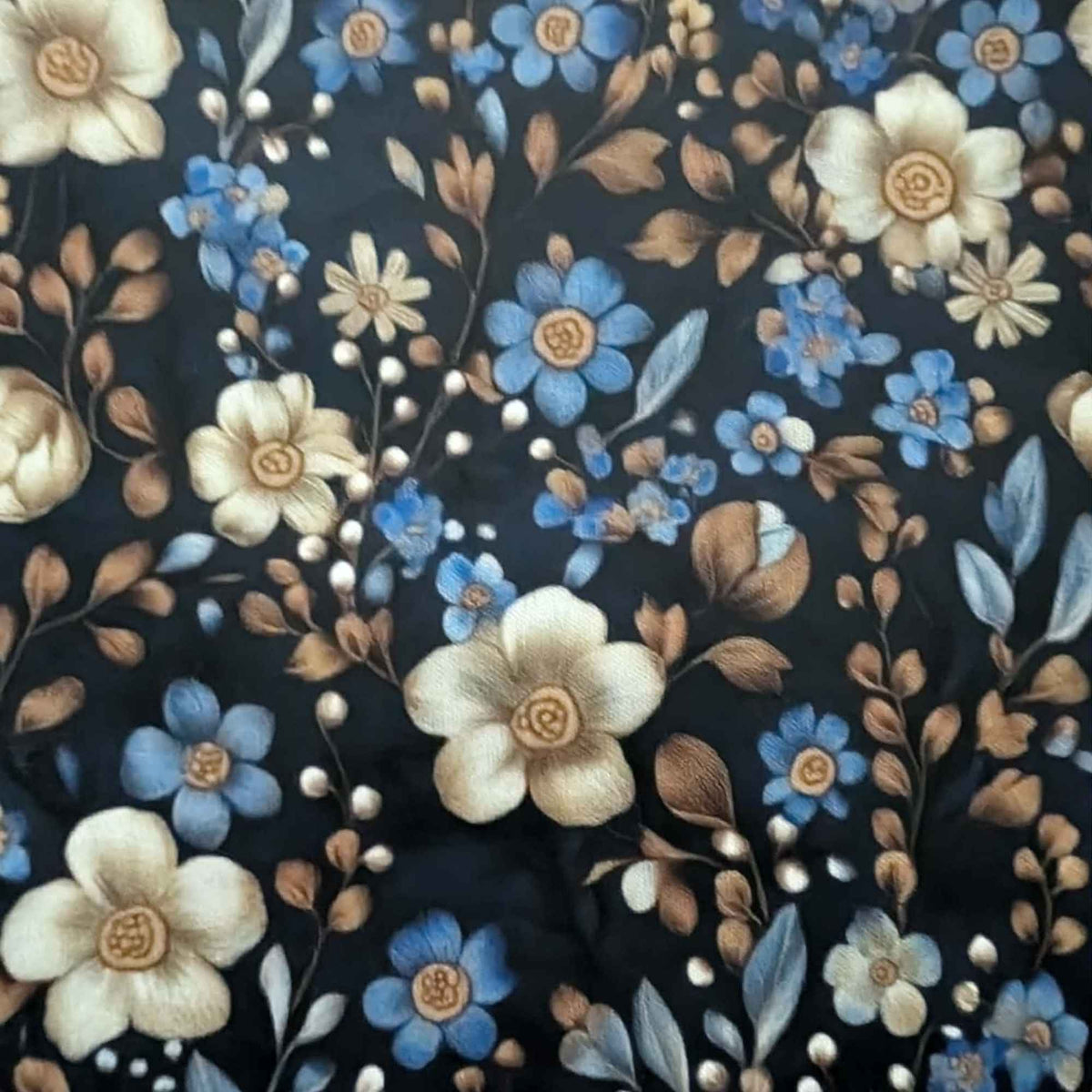 Midnight Blue Botanical Garden exclusive waterproof PUL fabric with blue and ivory flowers and bronze leaves on a dark background