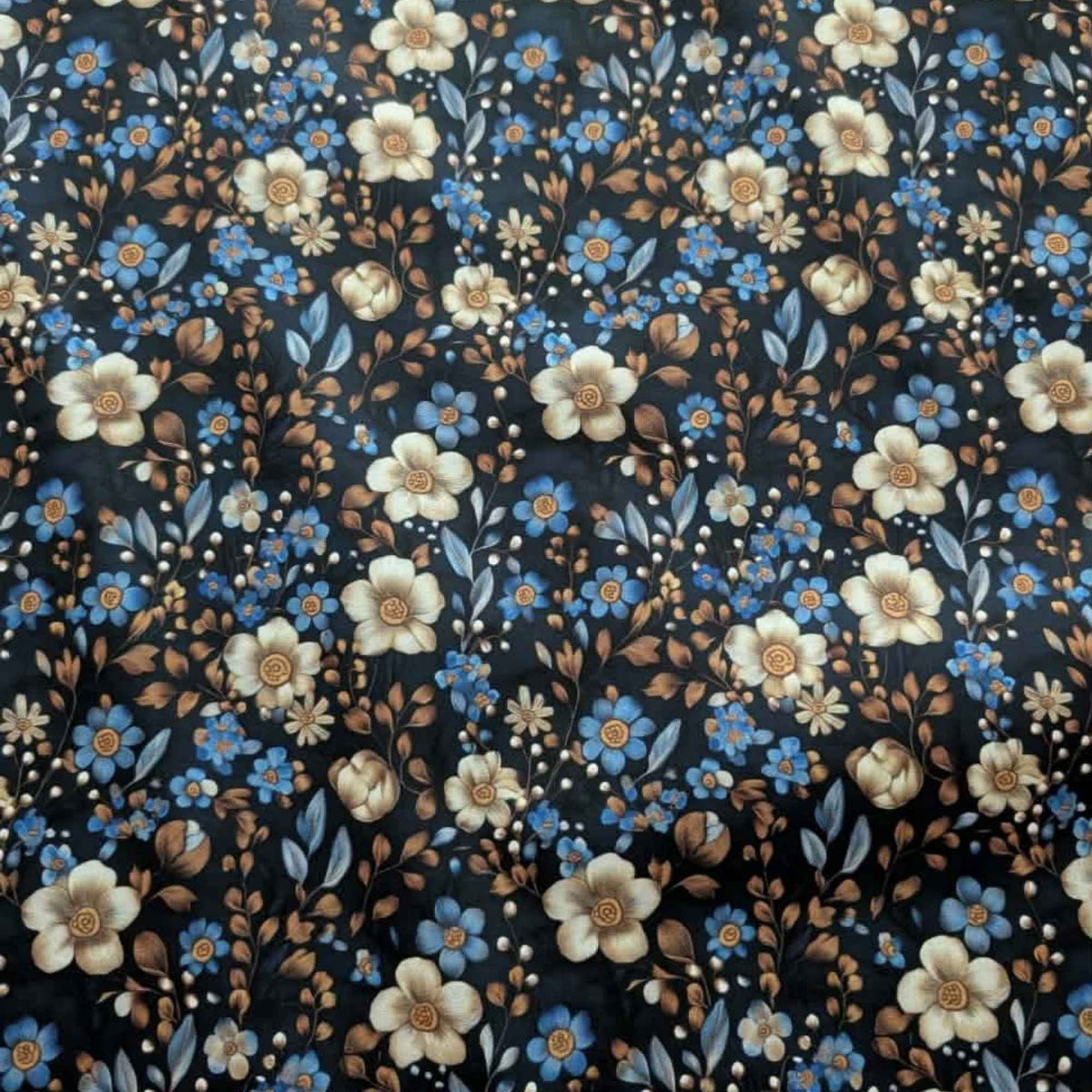Midnight Blue Botanical Garden exclusive waterproof PUL fabric with blue and ivory flowers and bronze leaves on a dark background