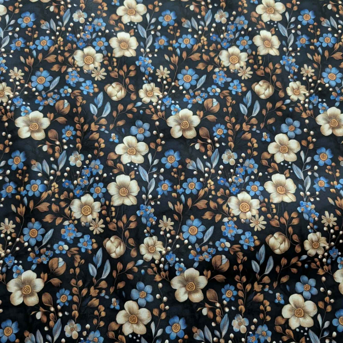 Midnight Blue Botanical Garden exclusive waterproof PUL fabric with blue and ivory flowers and bronze leaves on a dark background