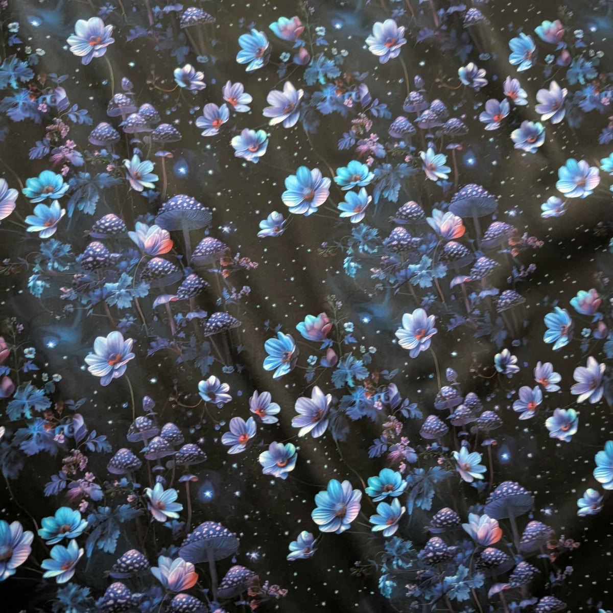 Enchanted Midnight Mushroom Garden exclusive waterproof PUL fabric with glowing blue flowers, spotted mushrooms and stars on black