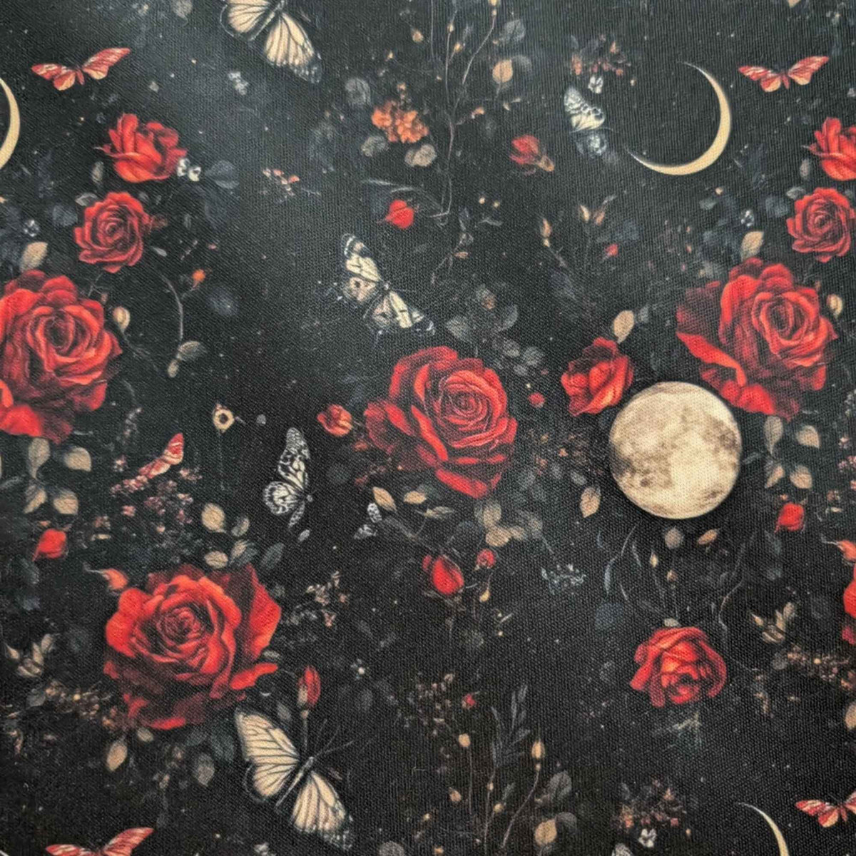 Moonlit Crimson Rose Garden exclusive waterproof PUL fabric with red roses, butterflies, full moons and crescent moons on black