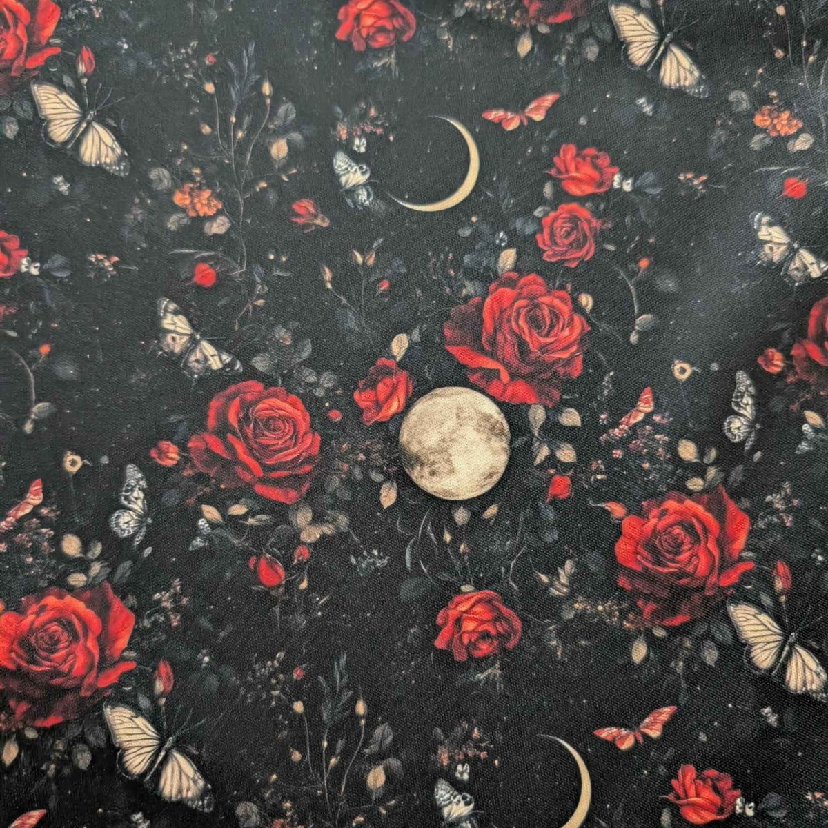 Moonlit Crimson Rose Garden exclusive waterproof PUL fabric with red roses, butterflies, full moons and crescent moons on black