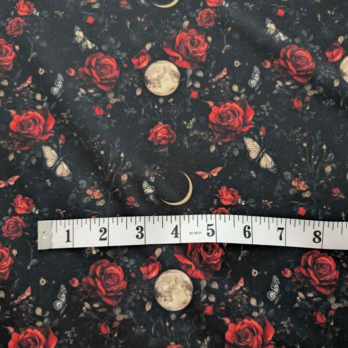Moonlit Crimson Rose Garden exclusive waterproof PUL fabric with red roses, butterflies, full moons and crescent moons on black