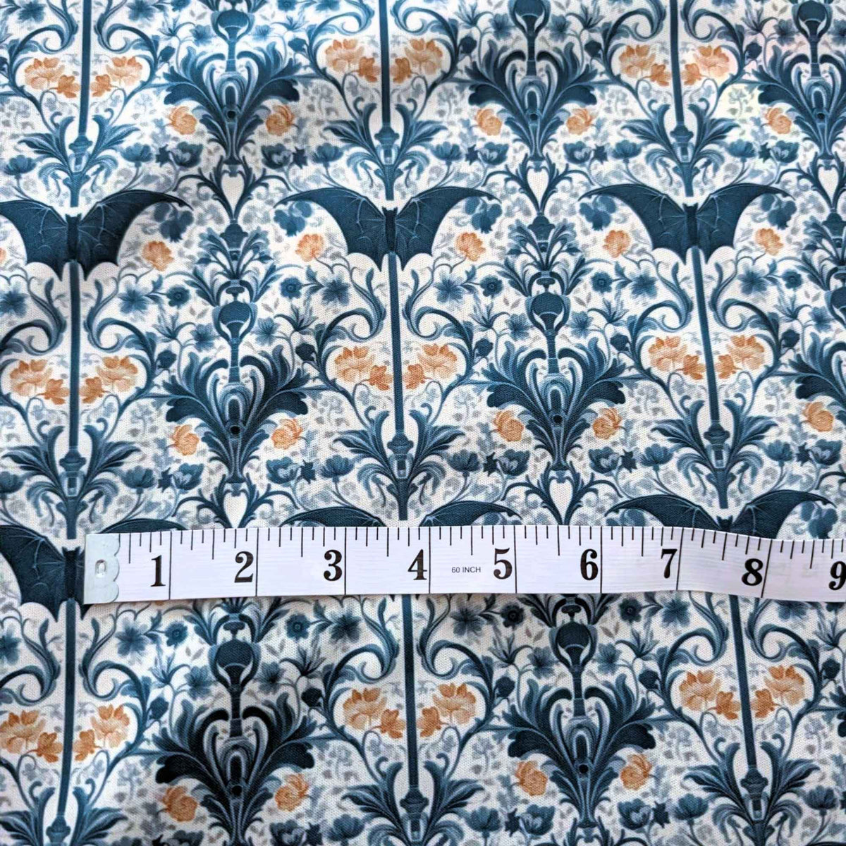 Midnight Bats Art Nouveau Garden exclusive waterproof PUL fabric with blue bats, stylized flowers and ornate foliage on ivory