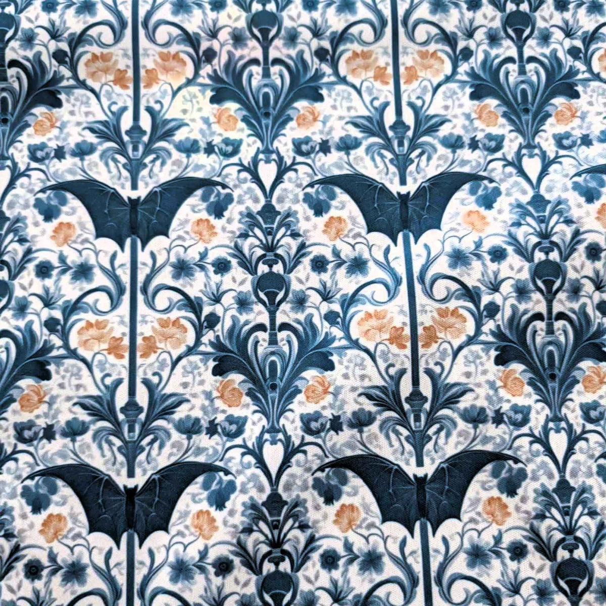 Midnight Bats Art Nouveau Garden exclusive waterproof PUL fabric with blue bats, stylized flowers and ornate foliage on ivory