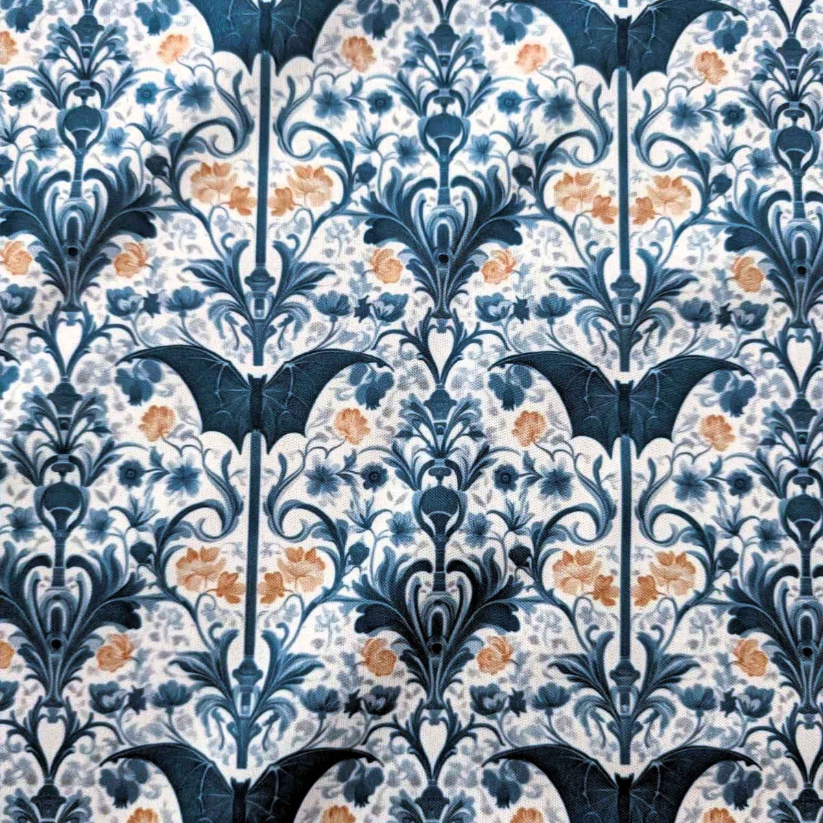 Midnight Bats Art Nouveau Garden exclusive waterproof PUL fabric with blue bats, stylized flowers and ornate foliage on ivory