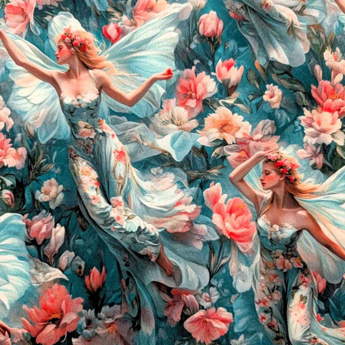 Enchanted Fairies in Bloom exclusive waterproof PUL fabric with winged fairies, aqua dresses and pink flowers on teal