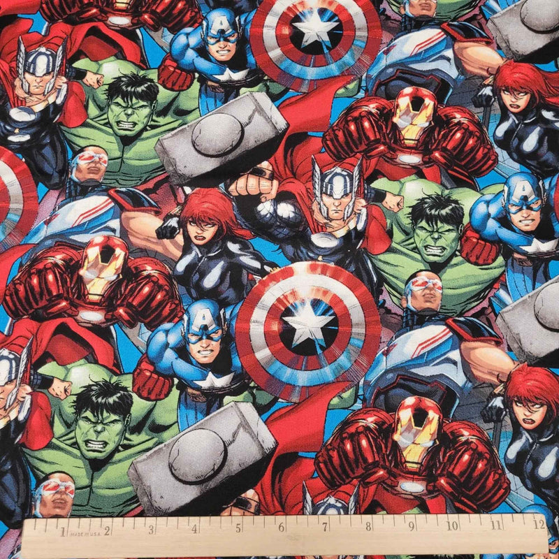 Marvel Packed Avengers multicolour character cotton fabric by Springs Creative CP65606