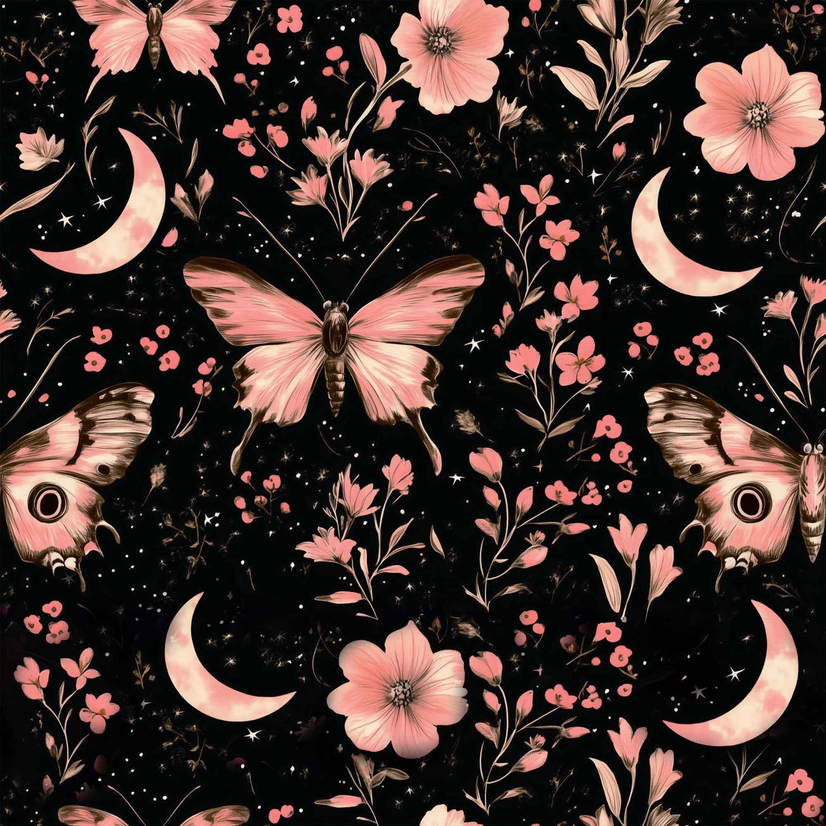 Moonlit Blush Moths exclusive waterproof PUL fabric with pink moths, crescent moons, flowers and stars on a black background