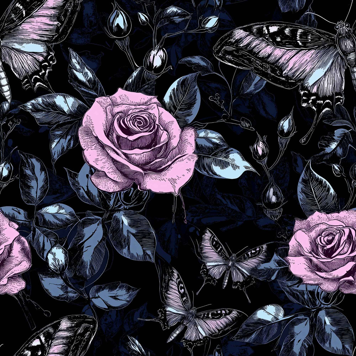 Midnight Moths and Blush Roses exclusive waterproof PUL fabric with pink roses, illustrated moths and blue foliage on black