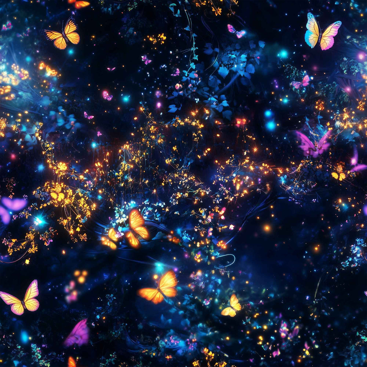 Glowing Butterfly Night Garden exclusive waterproof PUL fabric with colourful luminous butterflies and lights on midnight blue