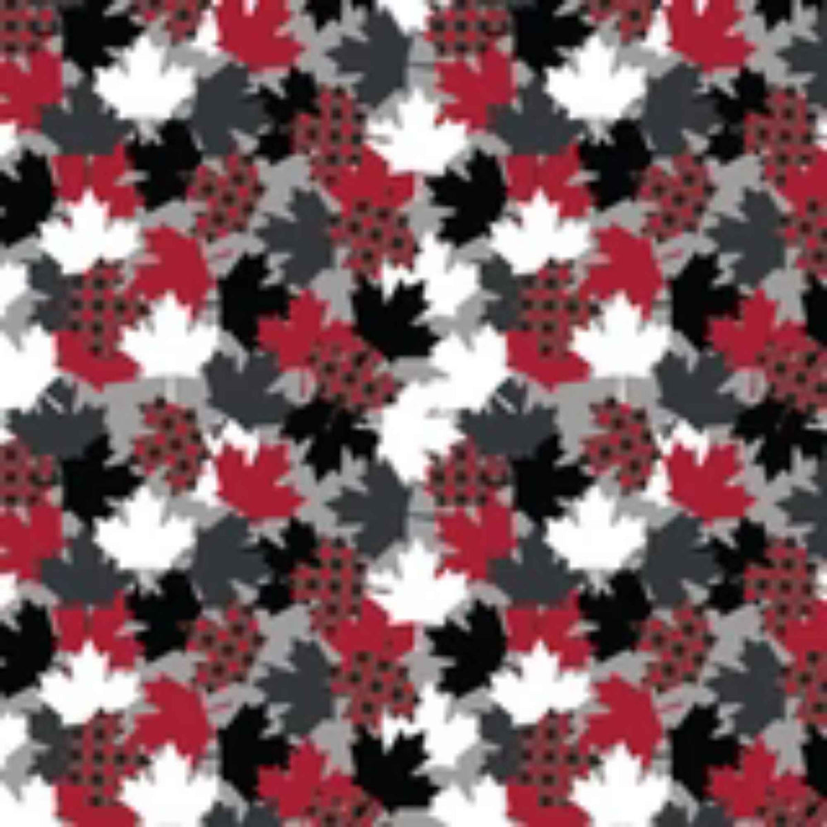 Maple Leaves fleece by Camelot with overlapping red, black, grey and white leaves, including red and black plaid maple leaves.