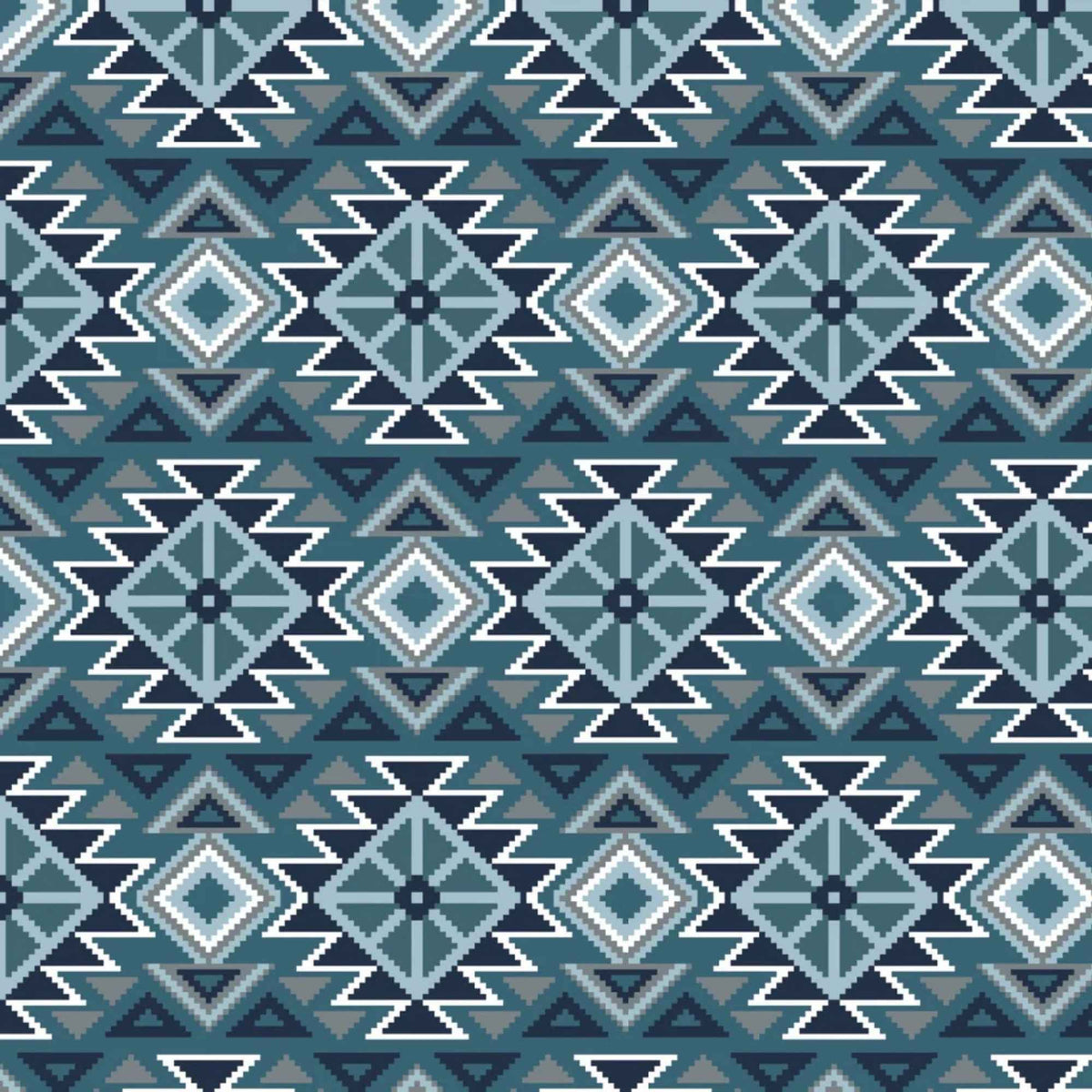 To the Mountains denim blue fleece by Camelot with navy, pale blue, grey and white geometric diamonds, triangles and zigzags.