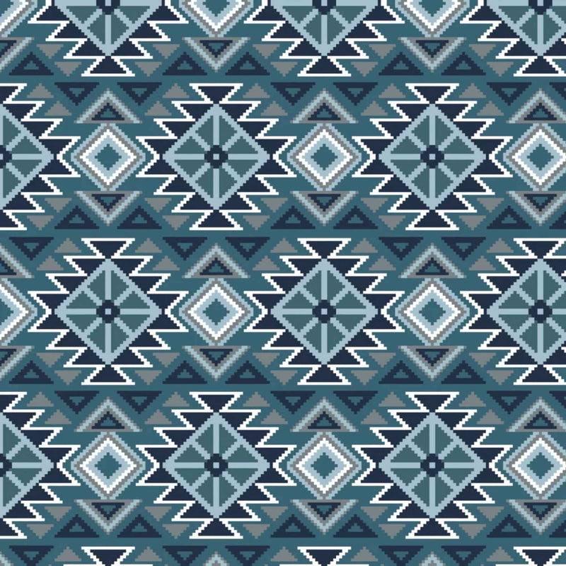 To the Mountains denim blue fleece by Camelot with navy, pale blue, grey and white geometric diamonds, triangles and zigzags.