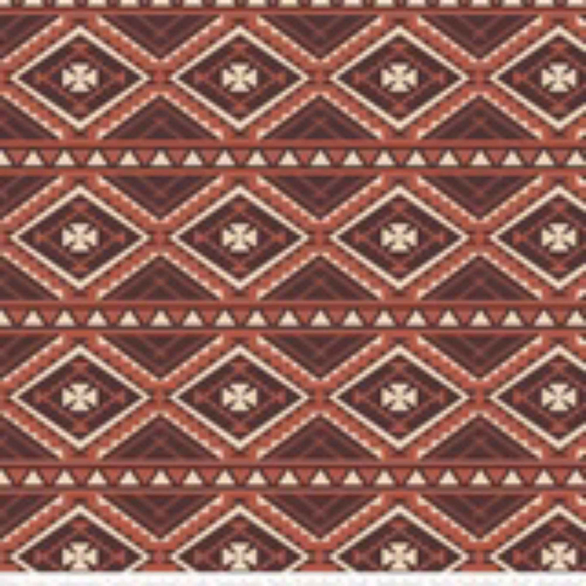 Cozy Cabin fleece fabric by Camelot with brown, rust and cream geometric diamonds, zigzags and triangle borders with ruler for scale.