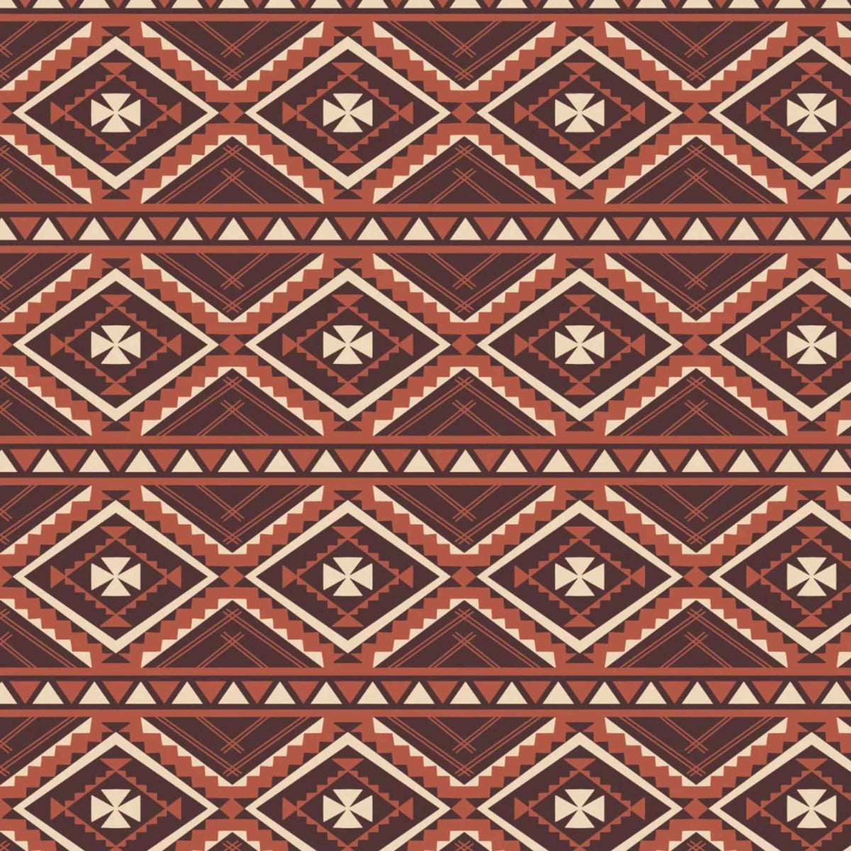 Cozy Cabin fleece fabric by Camelot with brown, rust and cream geometric diamonds, zigzags and triangle borders.