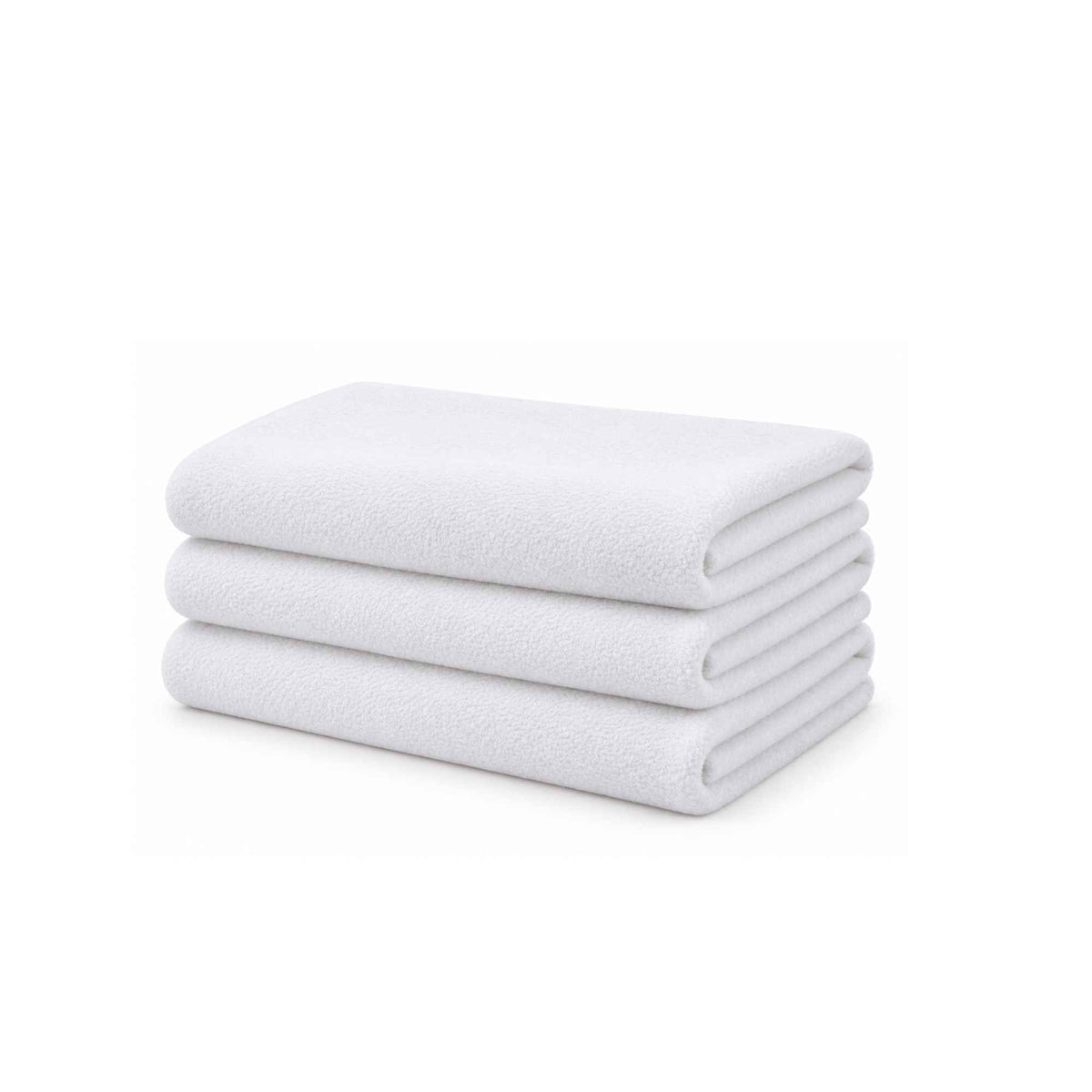 Stack of neatly folded white anti-pill polar fleece fabric by Camelot Fabrics, showing soft, plush texture and smooth layered folds on a white background.