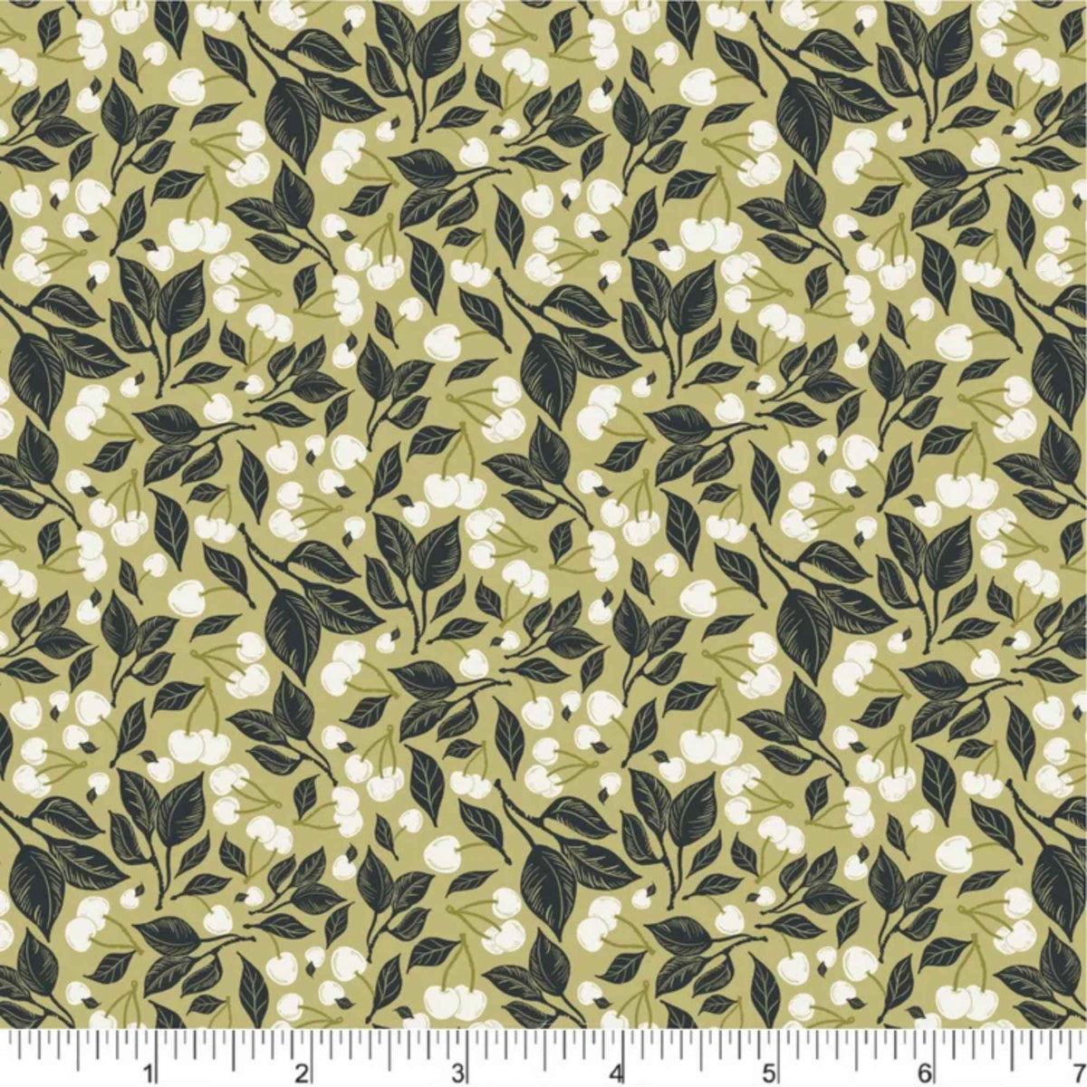 Cherries cotton fabric with cream cherry clusters and charcoal leafy branches scattered across an olive green background.