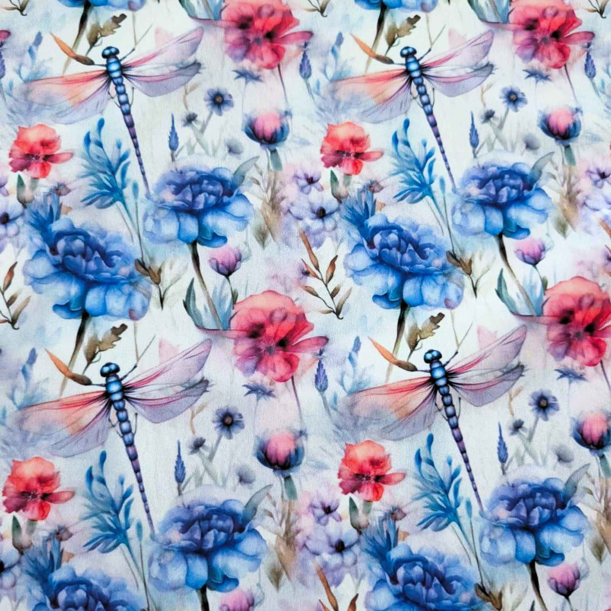 Watercolour Dragonfly Garden exclusive waterproof PUL fabric with blue dragonflies and blue, coral and lavender flowers on white