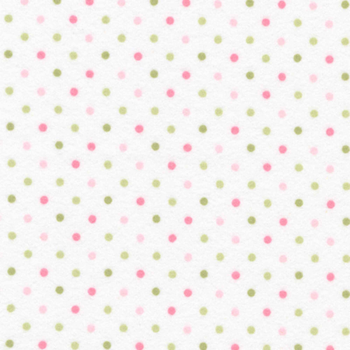 Robert Kaufman Cozy Cotton flannel fabric featuring scattered pink and green dots on a white background, soft two-ply cotton flannel for quilting and sewing projects.