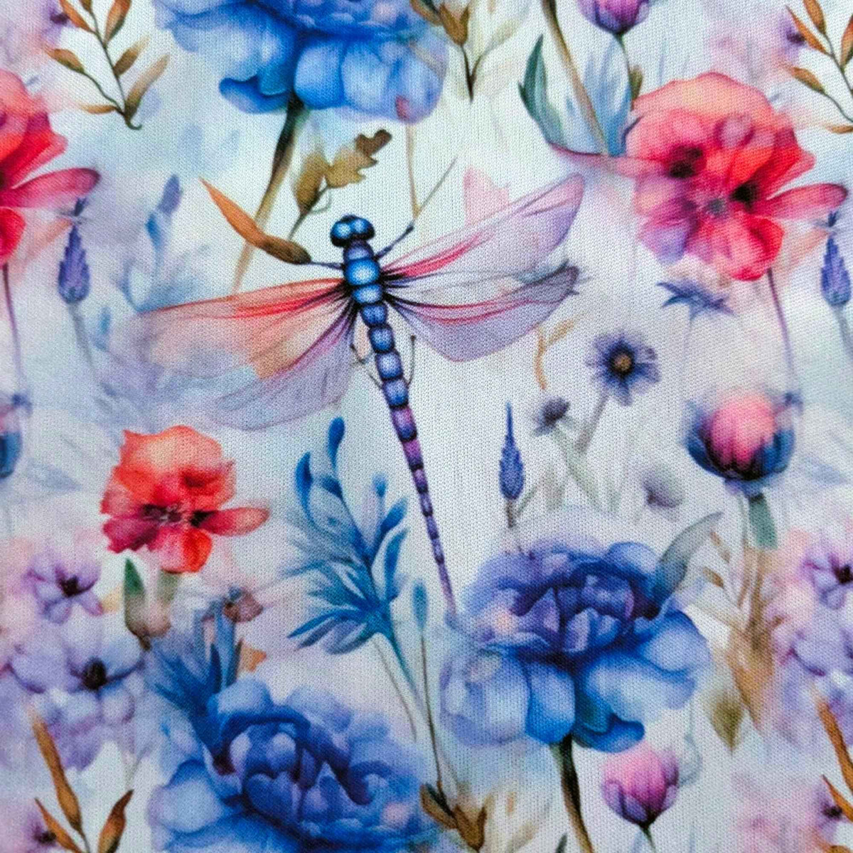 Watercolour Dragonfly Garden exclusive waterproof PUL fabric with blue dragonflies and blue, coral and lavender flowers on white