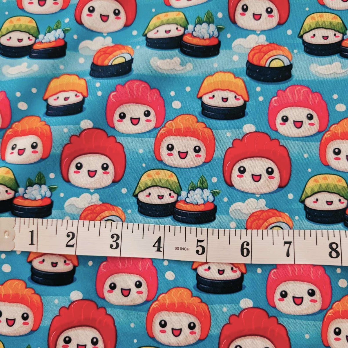 Kawaii Happy Sushi exclusive waterproof PUL fabric with smiling colourful sushi characters and white clouds on an aqua-blue background