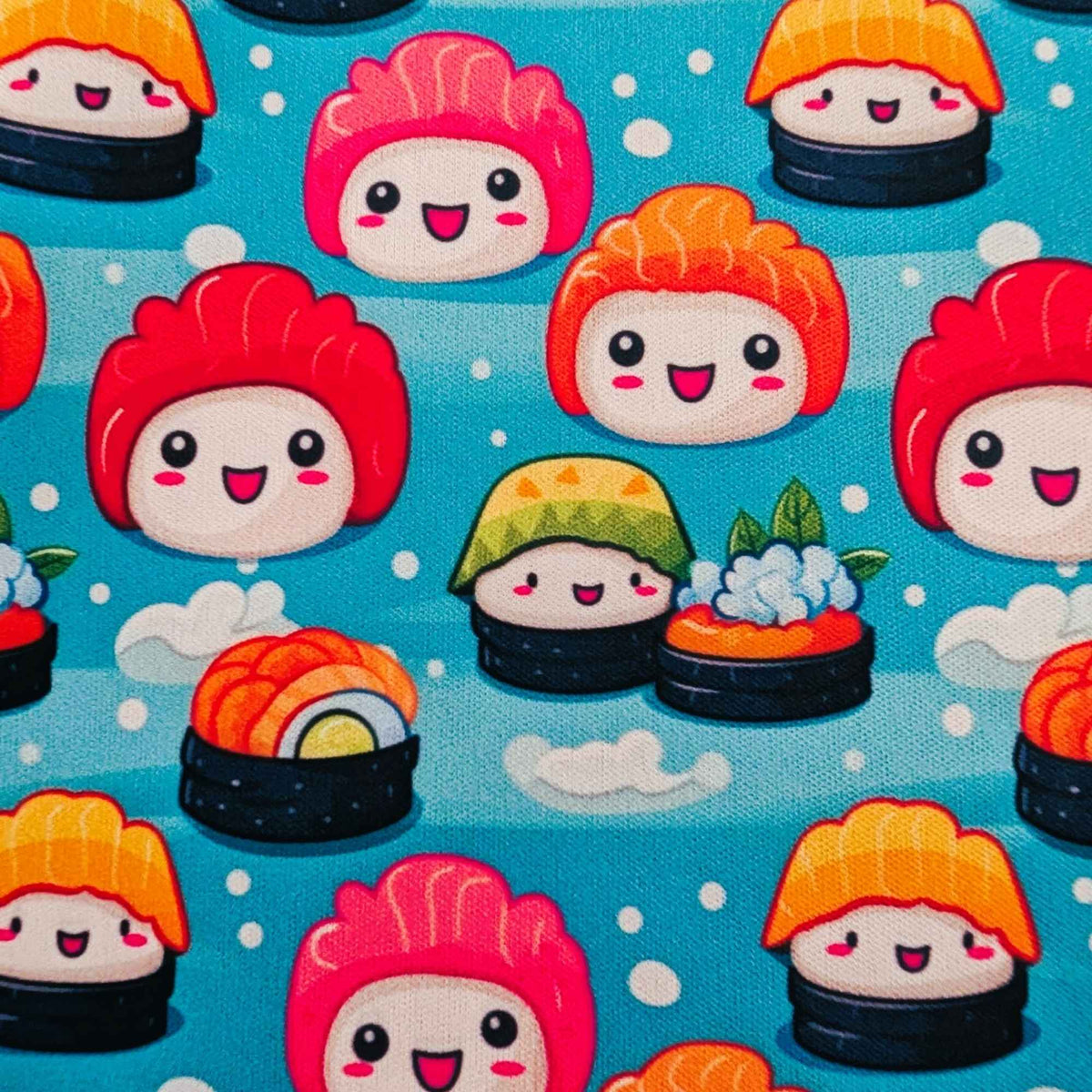 Kawaii Happy Sushi exclusive waterproof PUL fabric with smiling colourful sushi characters and white clouds on an aqua-blue background