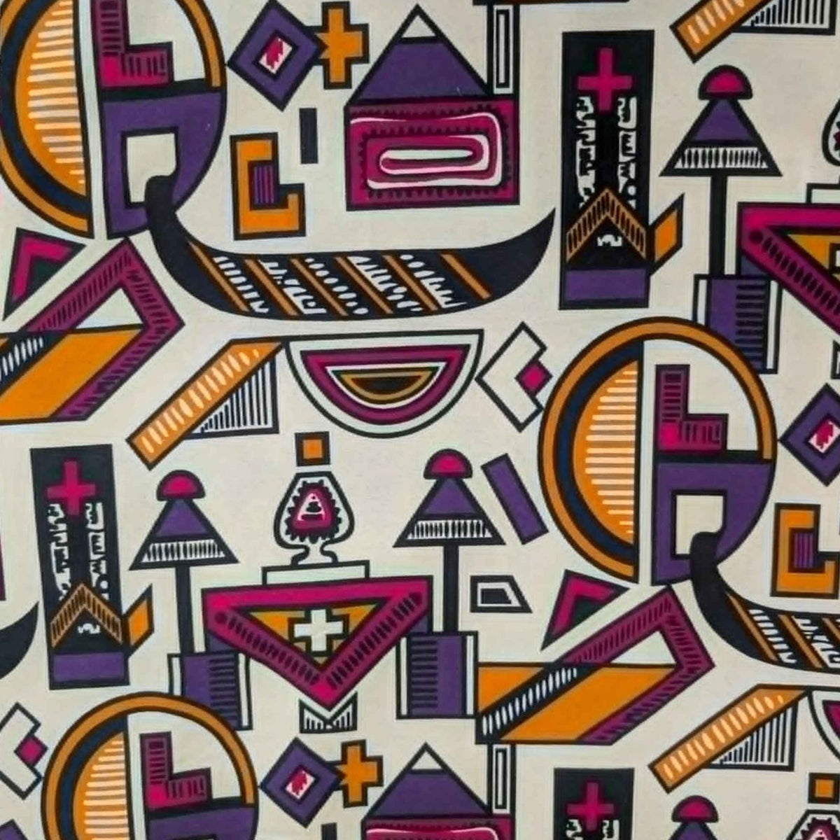 African-inspired geometric tribal double brushed flannel fabric featuring colorful abstract geometric symbols on a cream background.