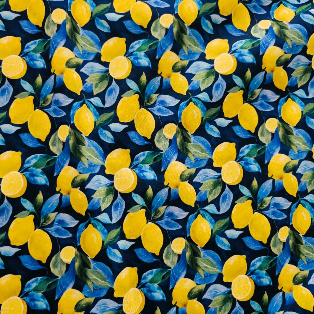 Sunlit Lemons on Navy exclusive waterproof PUL fabric with bright yellow lemons and blue-green leaves on a navy background