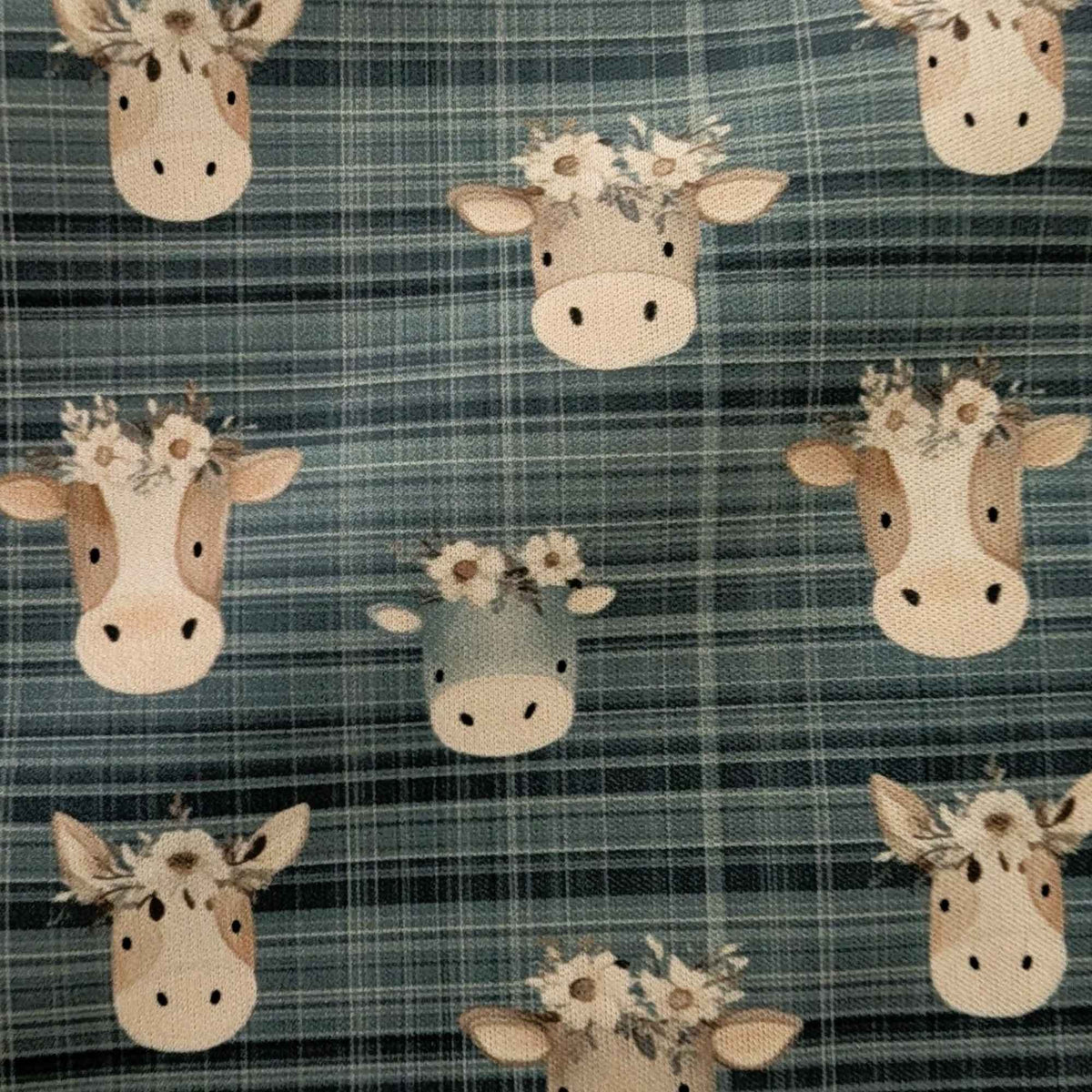 Flower Crown Cows on Blue Plaid exclusive waterproof PUL fabric with brown and grey cows wearing white flowers