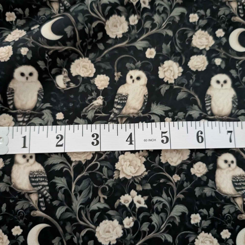 Moonlit Owl Garden exclusive waterproof PUL fabric with ivory owls, cream roses and crescent moons on a dark botanical background