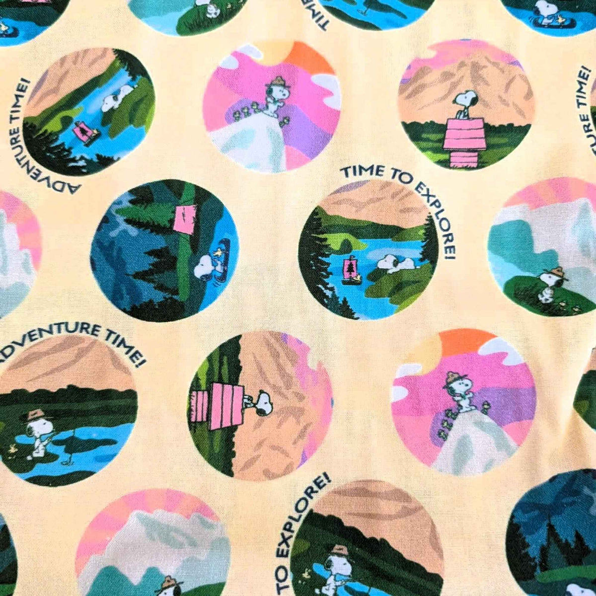 Snoopy and Woodstock camping adventure cotton fabric on cream by Springs Creative CP80647