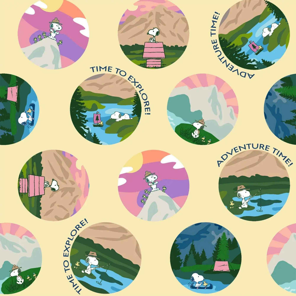 Snoopy and Woodstock camping adventure cotton fabric on cream by Springs Creative CP80647