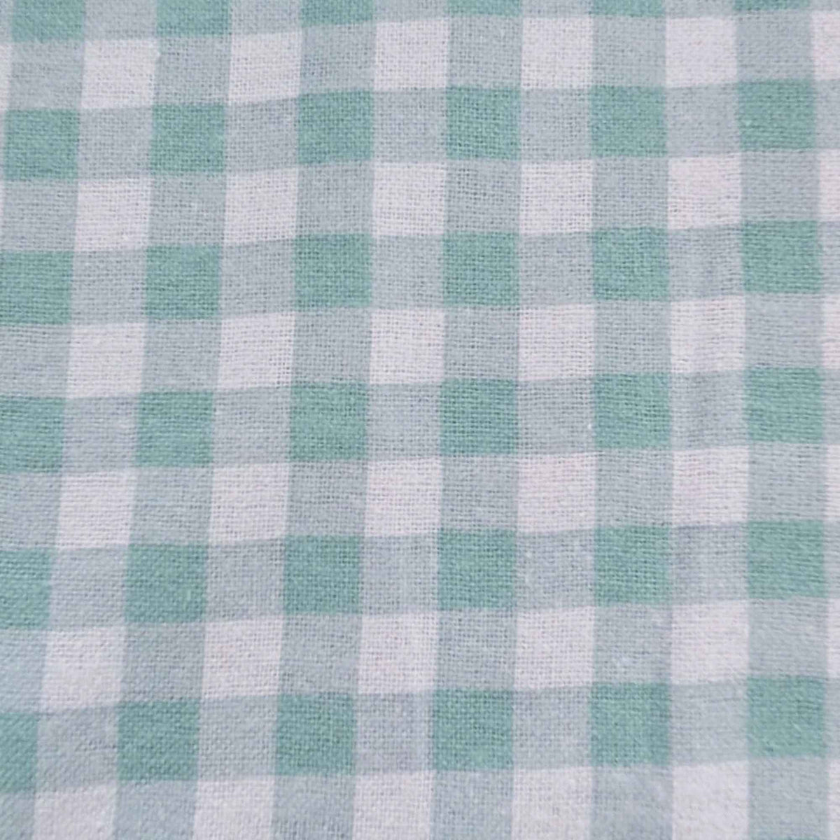 A close-up of a mint green and white gingham checkered fabric texture.