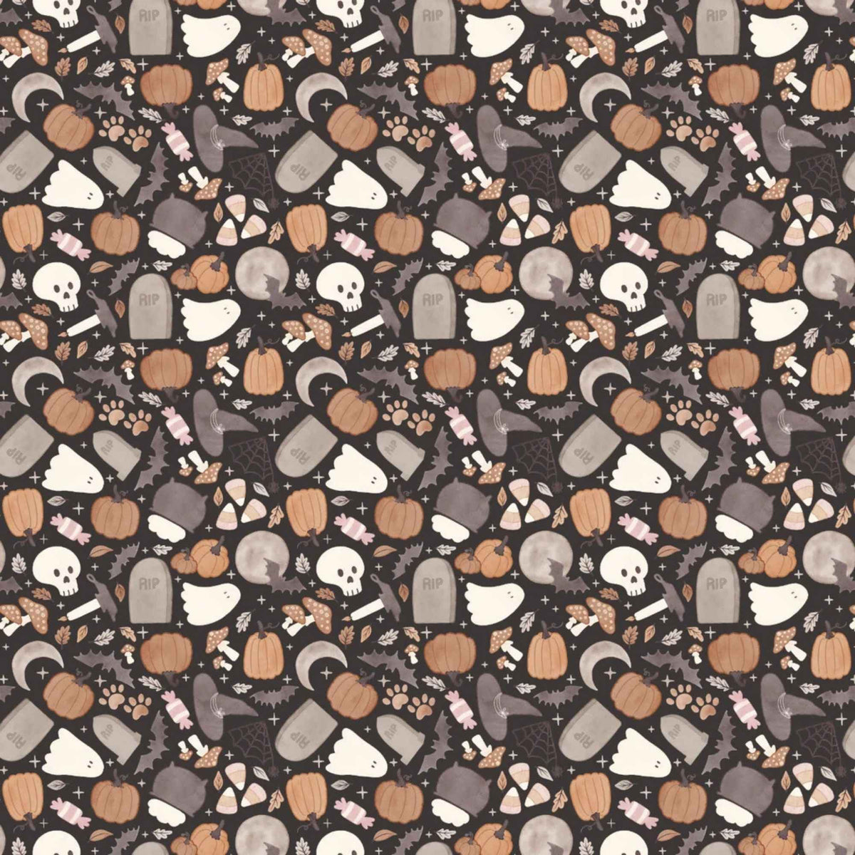 Pumpkin and Paws Halloween Toss cotton fabric with ghosts, pumpkins, bats and paw prints on charcoal