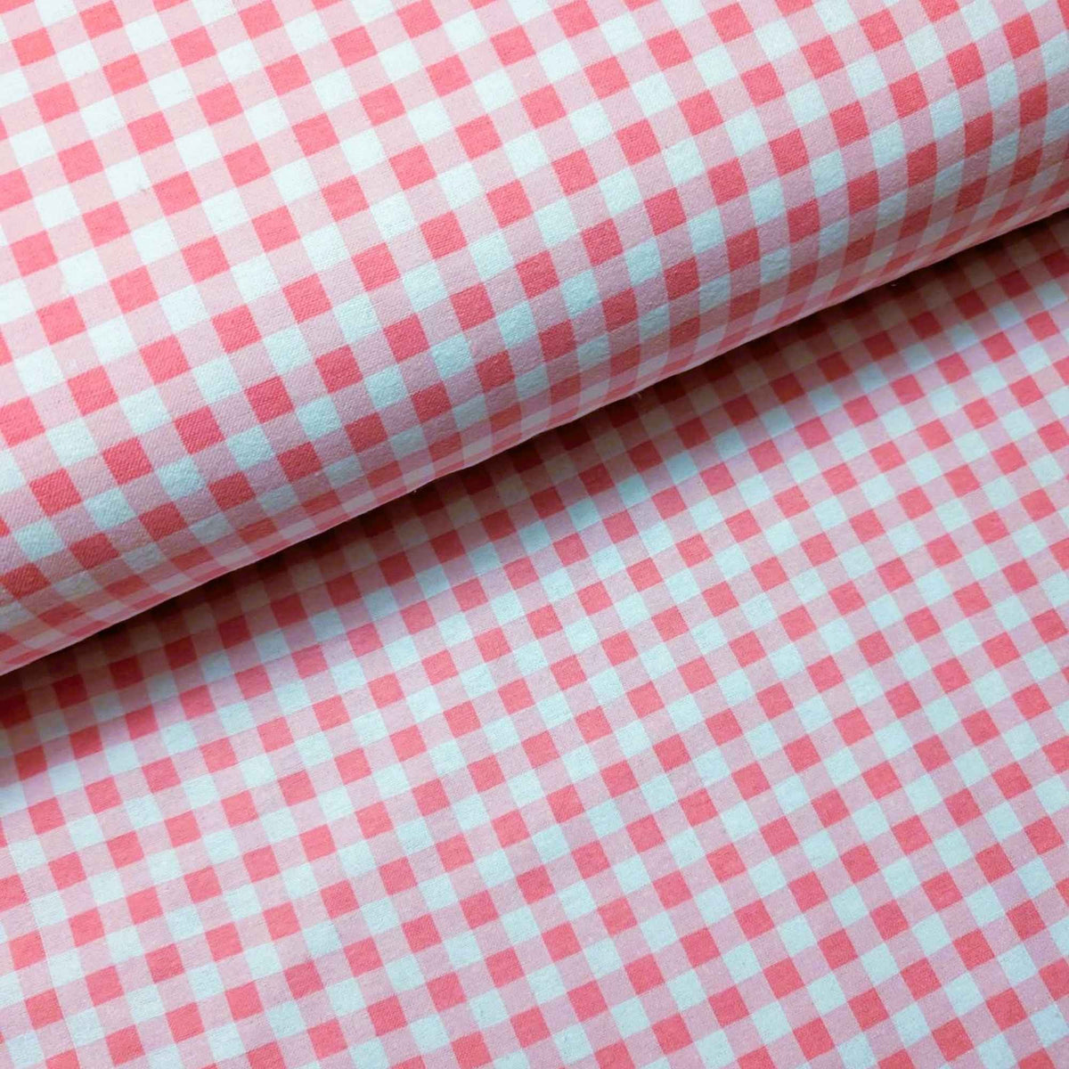 Pink, blush and white small gingham check double brushed flannel fabric.
