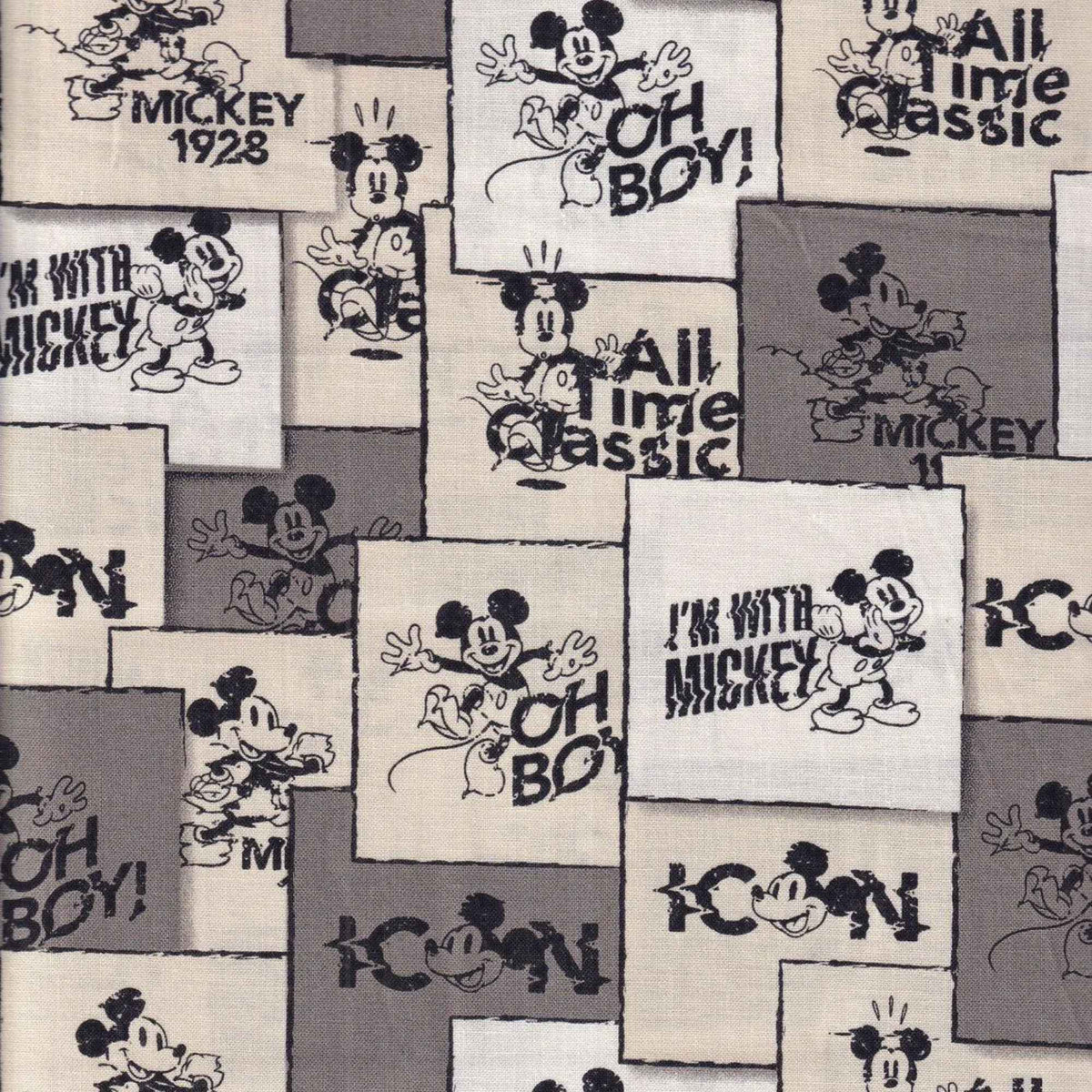 Vintage Mickey Mouse comic block cotton fabric in black cream and grey by Springs Creative CP80474