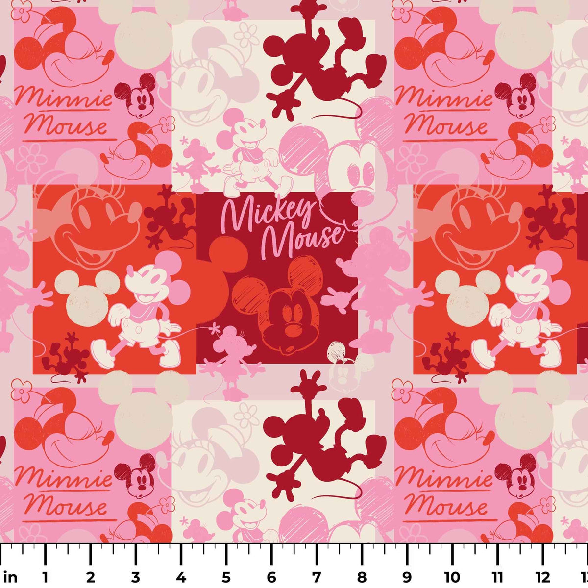 Mickey and Minnie Mouse collage cotton fabric in pink red and cream by Springs Creative CP80470